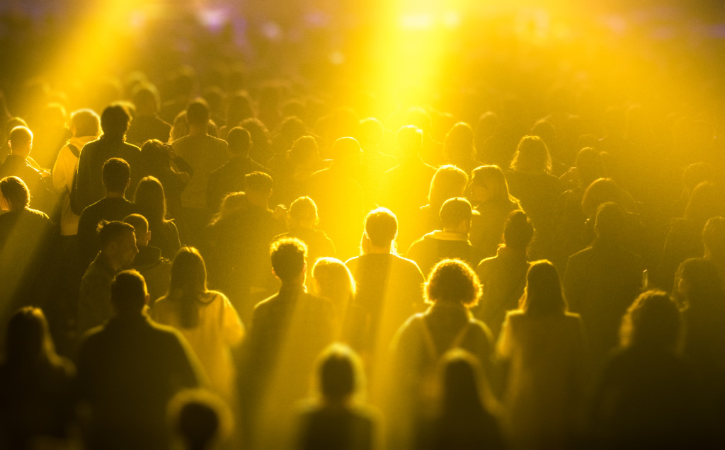 A crowd with their backs to the camera, with yellow tones lights shining through.